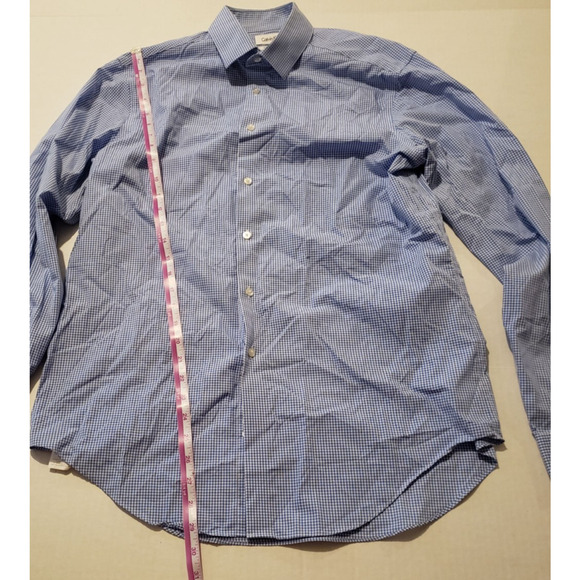 Mens Calvin Klein Size 16.5 Slim Fit Button Down Blue Checked Long Sleeved Shirt - Picture 5 of 9